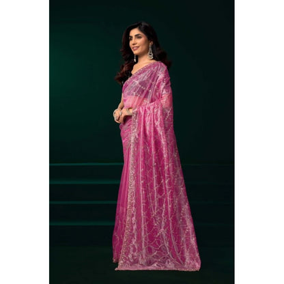 Generic Women's Net Sequence Saree With Unstitched Blouse 5.5Mtr (Light Pink)