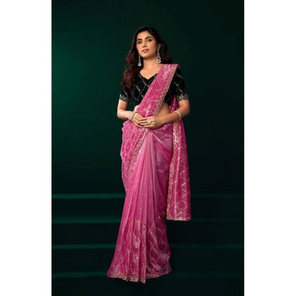 Generic Women's Net Sequence Saree With Unstitched Blouse 5.5Mtr (Light Pink)