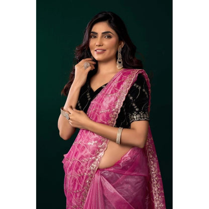 Generic Women's Net Sequence Saree With Unstitched Blouse 5.5Mtr (Light Pink)