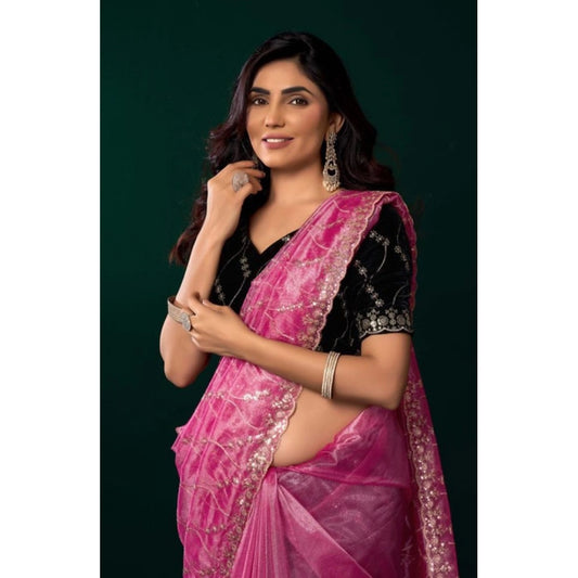 Generic Women's Net Sequence Saree With Unstitched Blouse 5.5Mtr (Light Pink)