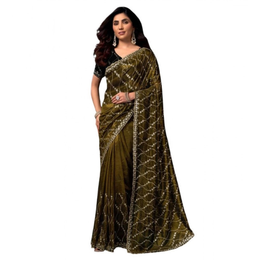 Generic Women's Net Sequence Saree With Unstitched Blouse 5.5Mtr (Mahendi)