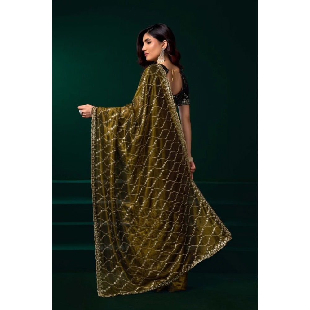 Generic Women's Net Sequence Saree With Unstitched Blouse 5.5Mtr (Mahendi)