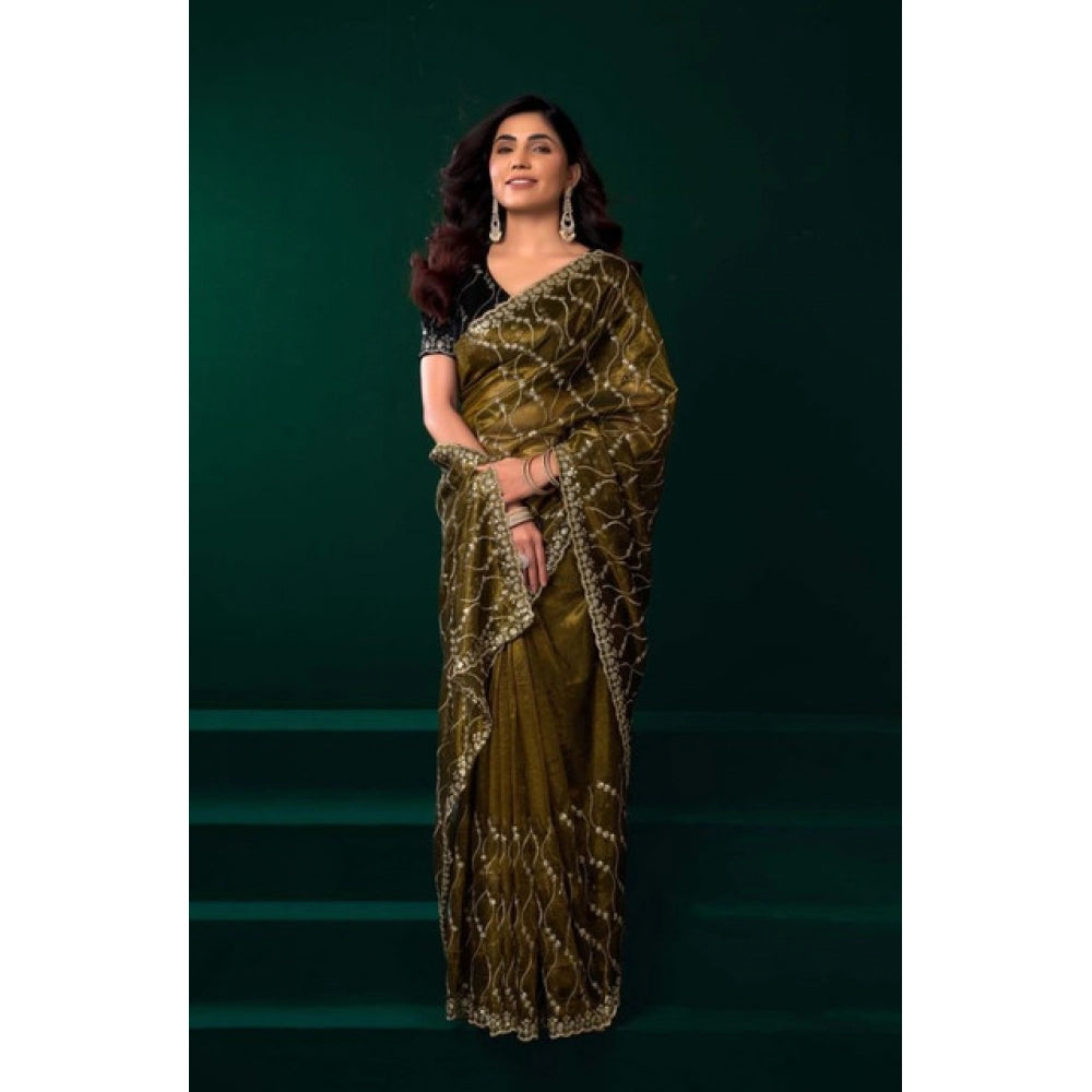 Generic Women's Net Sequence Saree With Unstitched Blouse 5.5Mtr (Mahendi)