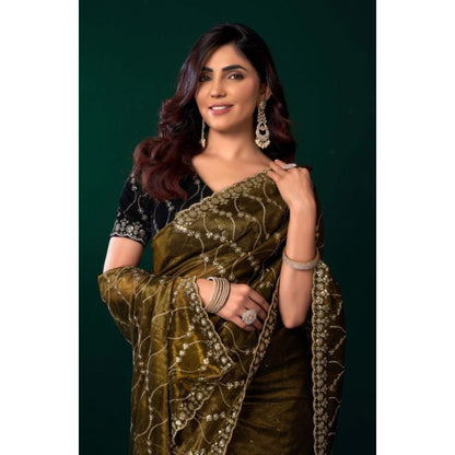 Generic Women's Net Sequence Saree With Unstitched Blouse 5.5Mtr (Mahendi)