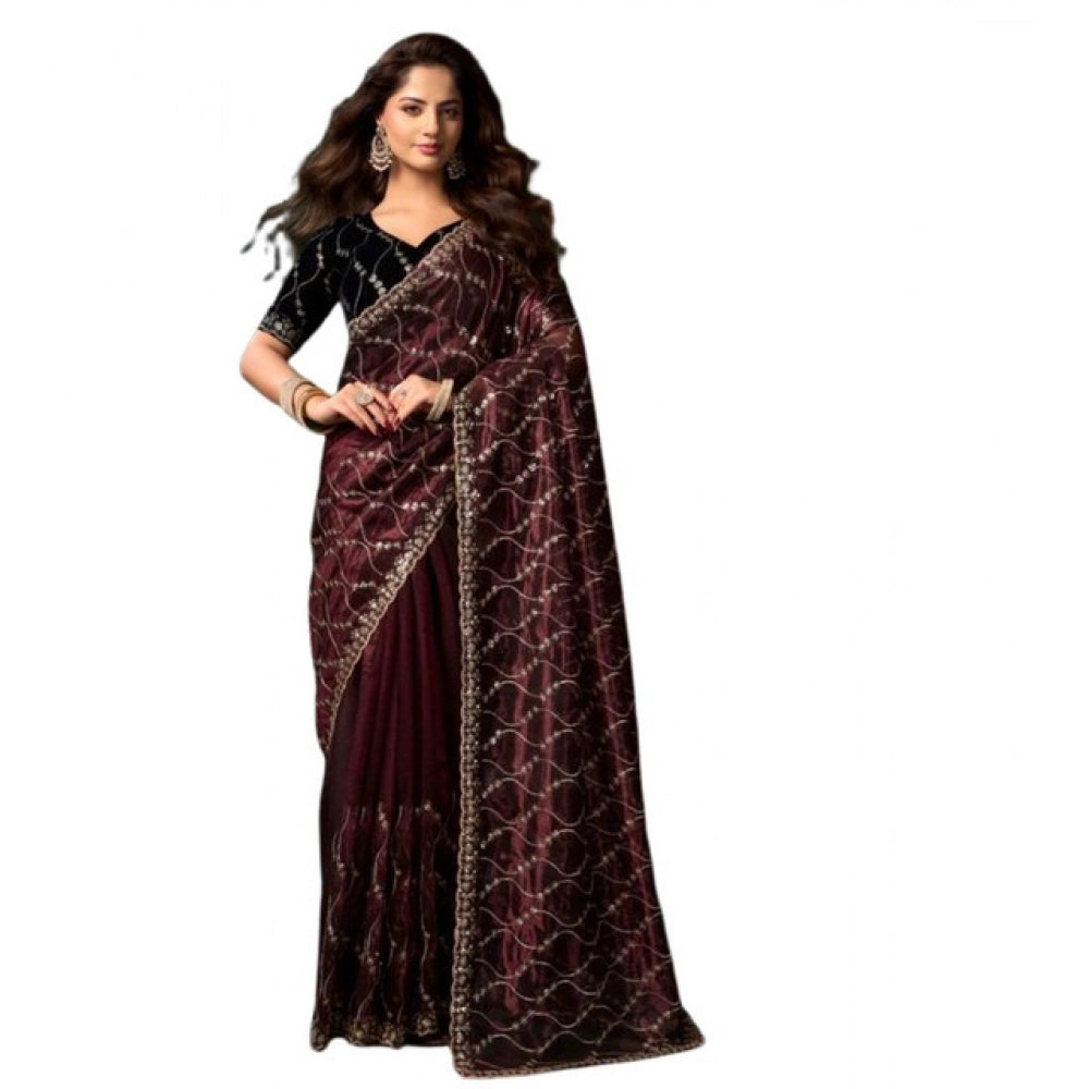 Generic Women's Net Sequence Saree With Unstitched Blouse 5.5Mtr (Maroon)