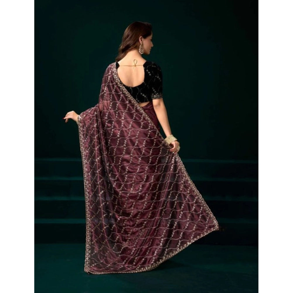 Generic Women's Net Sequence Saree With Unstitched Blouse 5.5Mtr (Maroon)