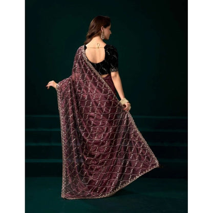 Generic Women's Net Sequence Saree With Unstitched Blouse 5.5Mtr (Maroon)