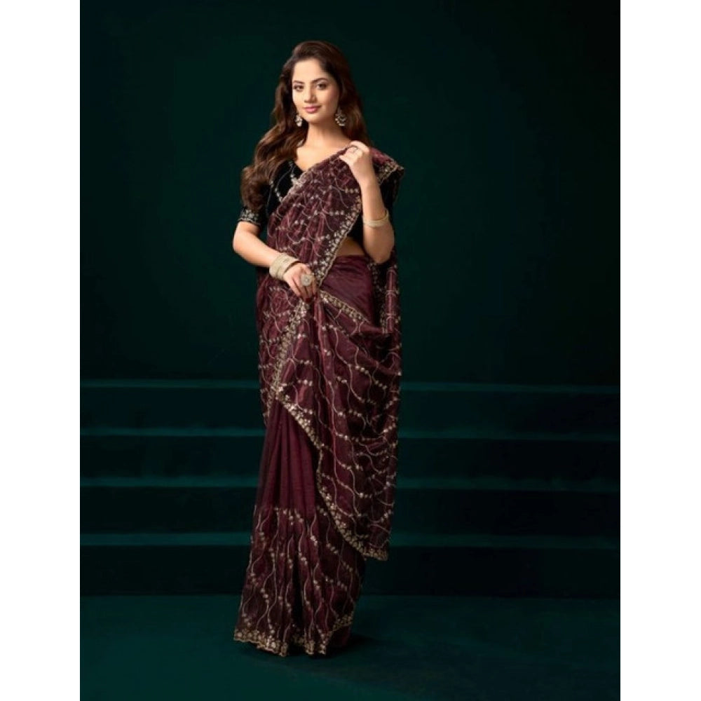 Generic Women's Net Sequence Saree With Unstitched Blouse 5.5Mtr (Maroon)