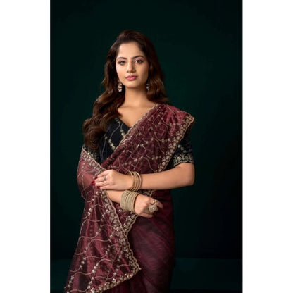 Generic Women's Net Sequence Saree With Unstitched Blouse 5.5Mtr (Maroon)