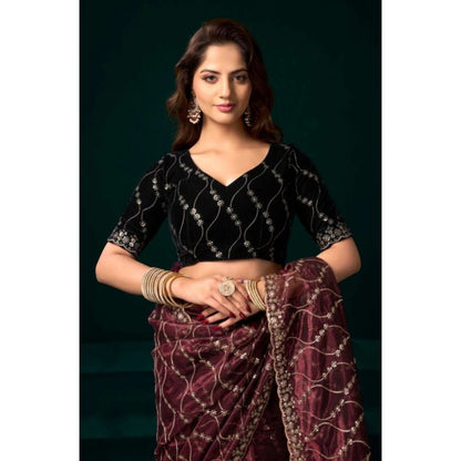 Generic Women's Net Sequence Saree With Unstitched Blouse 5.5Mtr (Maroon)