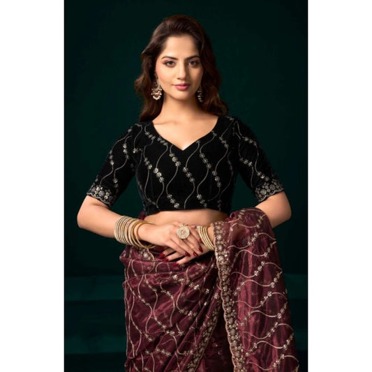 Generic Women's Net Sequence Saree With Unstitched Blouse 5.5Mtr (Maroon)