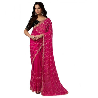 Generic Women's Net Sequence Saree With Unstitched Blouse 5.5Mtr (Pink)