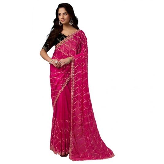 Generic Women's Net Sequence Saree With Unstitched Blouse 5.5Mtr (Pink)