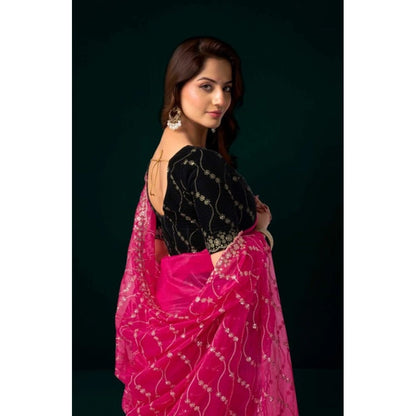 Generic Women's Net Sequence Saree With Unstitched Blouse 5.5Mtr (Pink)