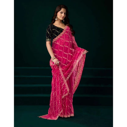 Generic Women's Net Sequence Saree With Unstitched Blouse 5.5Mtr (Pink)
