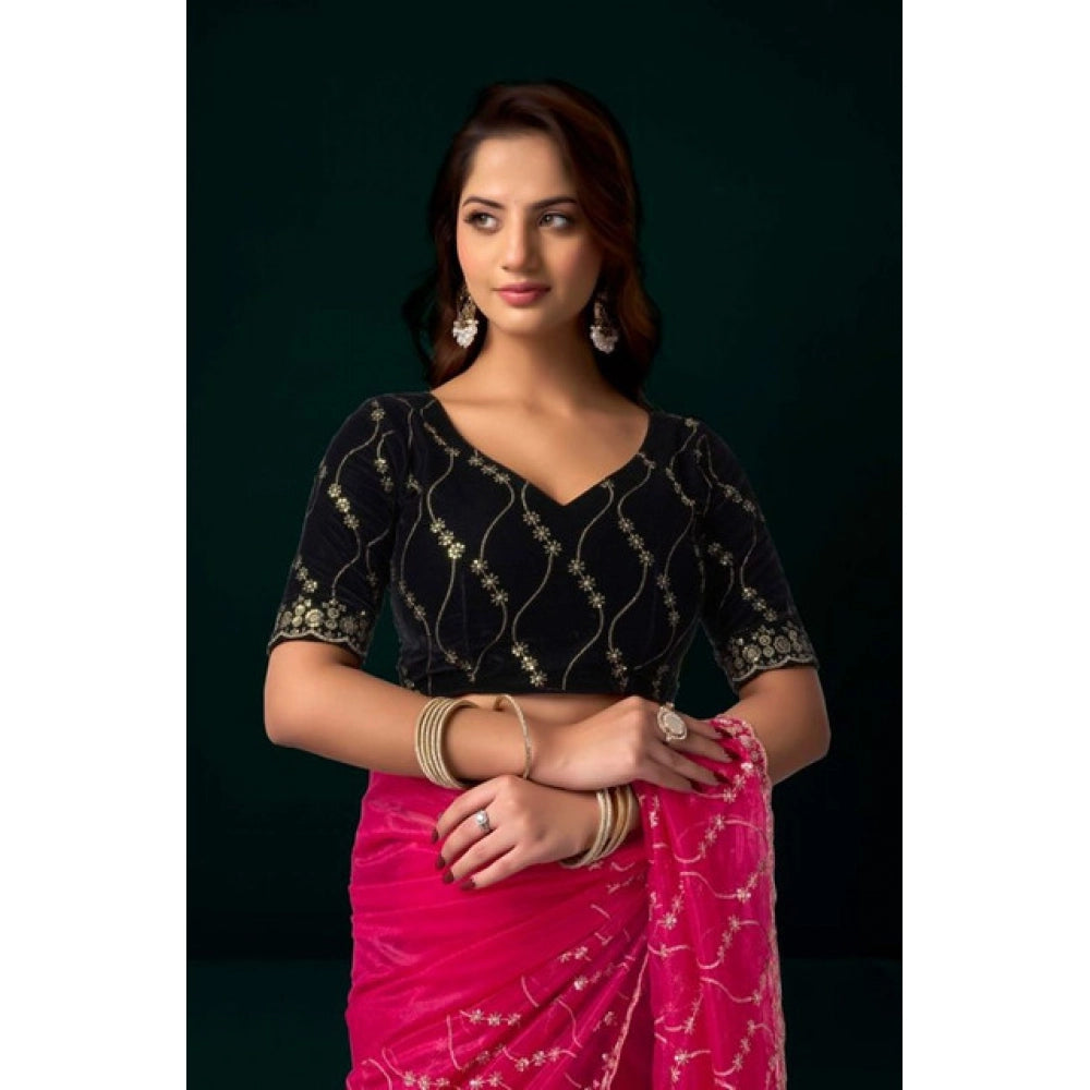 Generic Women's Net Sequence Saree With Unstitched Blouse 5.5Mtr (Pink)