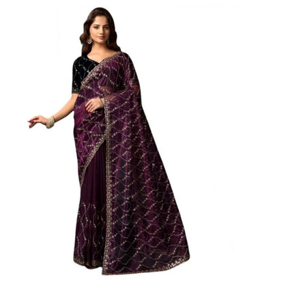 Generic Women's Net Sequence Saree With Unstitched Blouse 5.5Mtr (Purple)