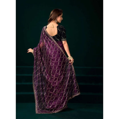 Generic Women's Net Sequence Saree With Unstitched Blouse 5.5Mtr (Purple)