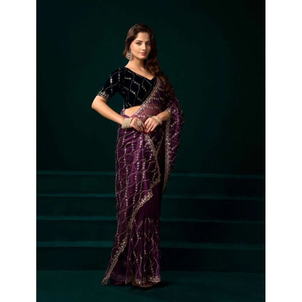 Generic Women's Net Sequence Saree With Unstitched Blouse 5.5Mtr (Purple)