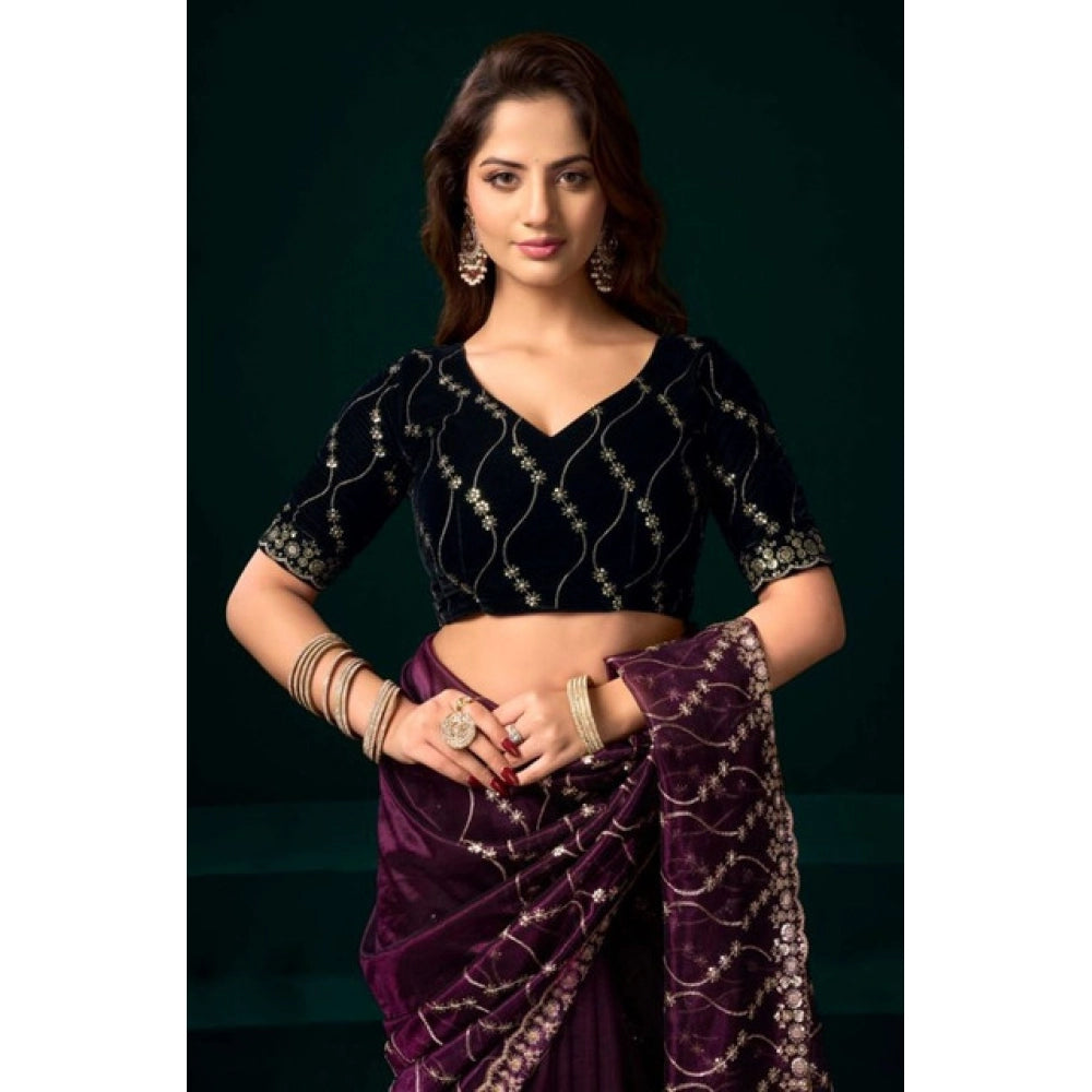 Generic Women's Net Sequence Saree With Unstitched Blouse 5.5Mtr (Purple)