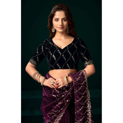 Generic Women's Net Sequence Saree With Unstitched Blouse 5.5Mtr (Purple)