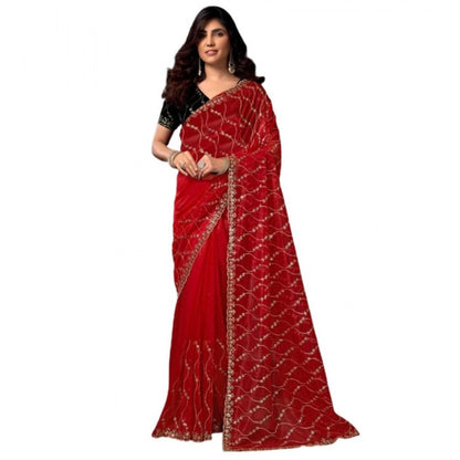 Generic Women's Net Sequence Saree With Unstitched Blouse 5.5Mtr (Red)