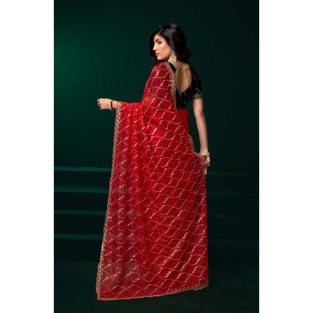 Generic Women's Net Sequence Saree With Unstitched Blouse 5.5Mtr (Red)