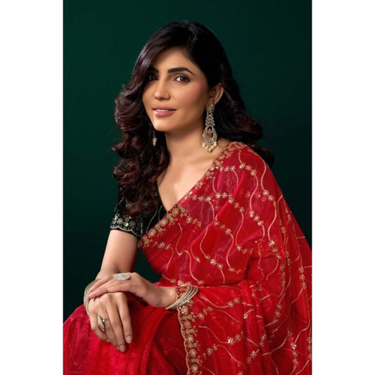 Generic Women's Net Sequence Saree With Unstitched Blouse 5.5Mtr (Red)