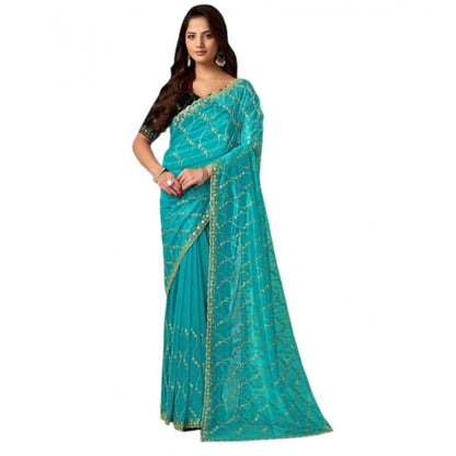Generic Women's Net Sequence Saree With Unstitched Blouse 5.5Mtr (Turquoise)