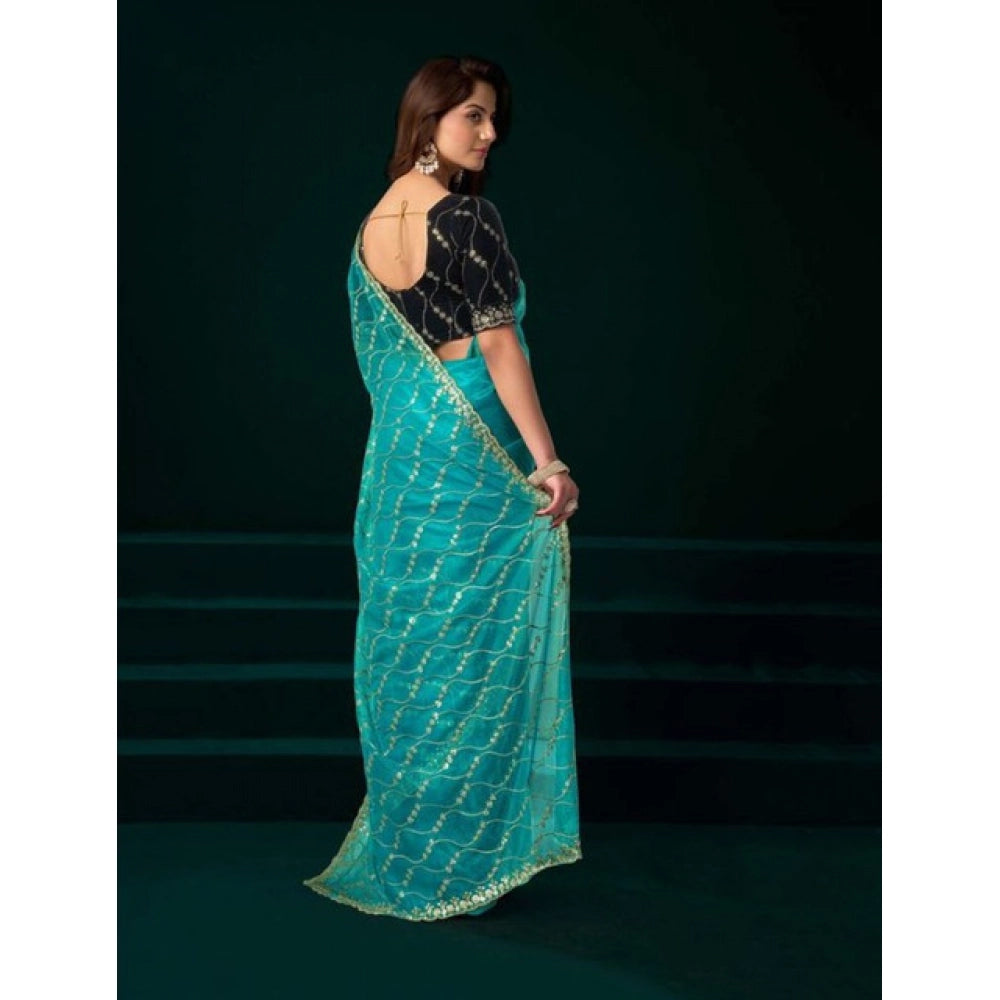 Generic Women's Net Sequence Saree With Unstitched Blouse 5.5Mtr (Turquoise)