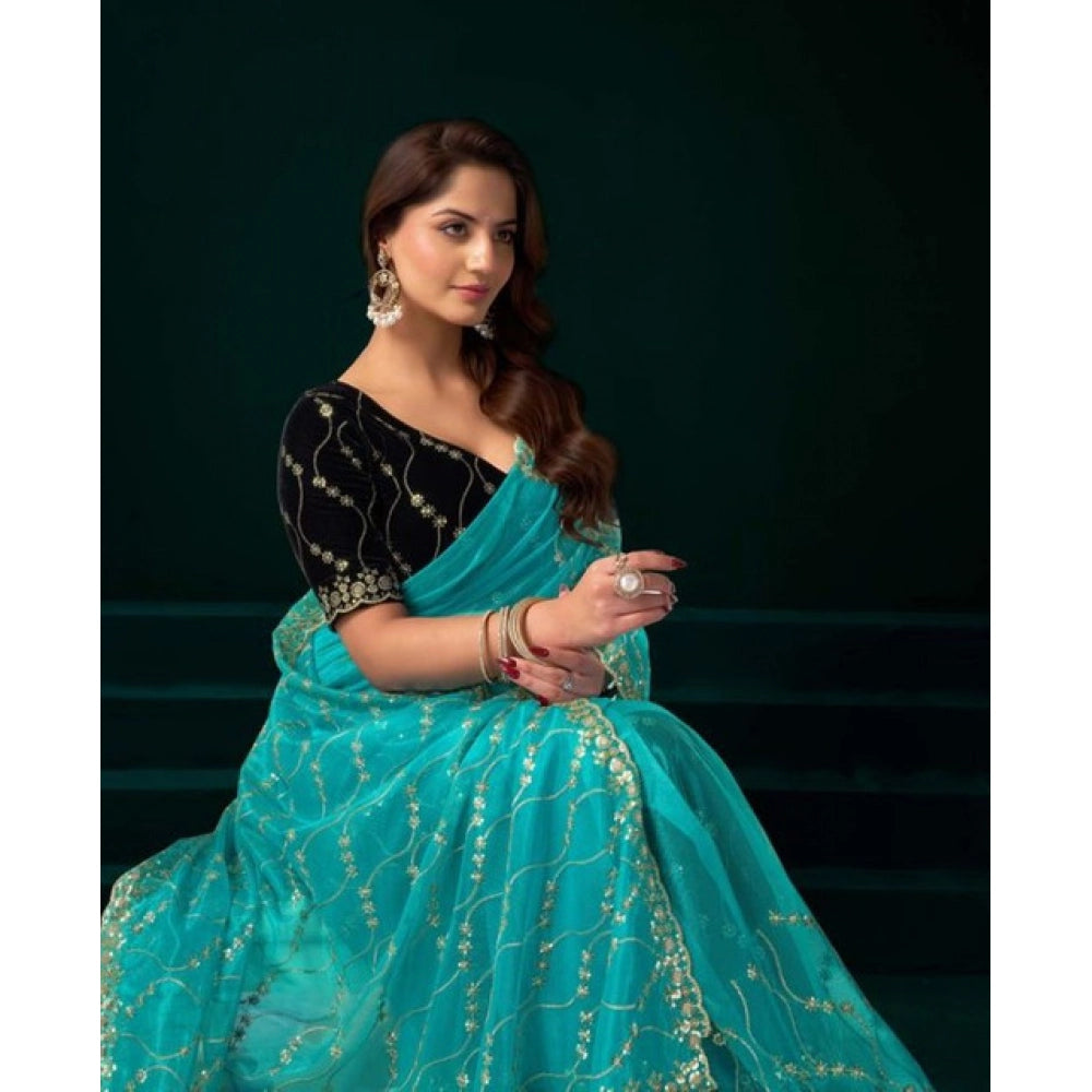 Generic Women's Net Sequence Saree With Unstitched Blouse 5.5Mtr (Turquoise)
