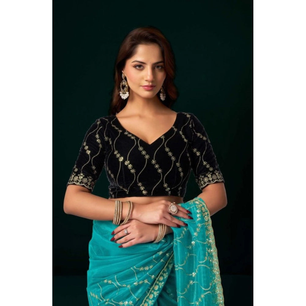Generic Women's Net Sequence Saree With Unstitched Blouse 5.5Mtr (Turquoise)