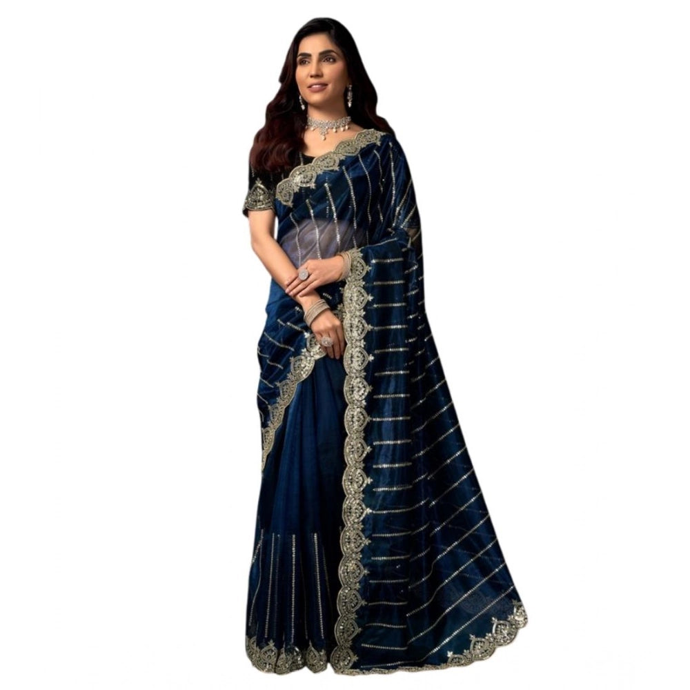 Generic Women's Net Sequence Saree With Unstitched Blouse 5.5Mtr (Blue)