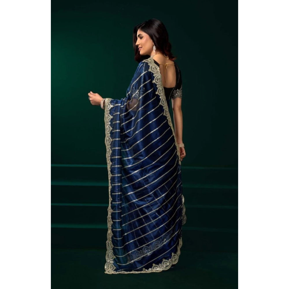 Generic Women's Net Sequence Saree With Unstitched Blouse 5.5Mtr (Blue)