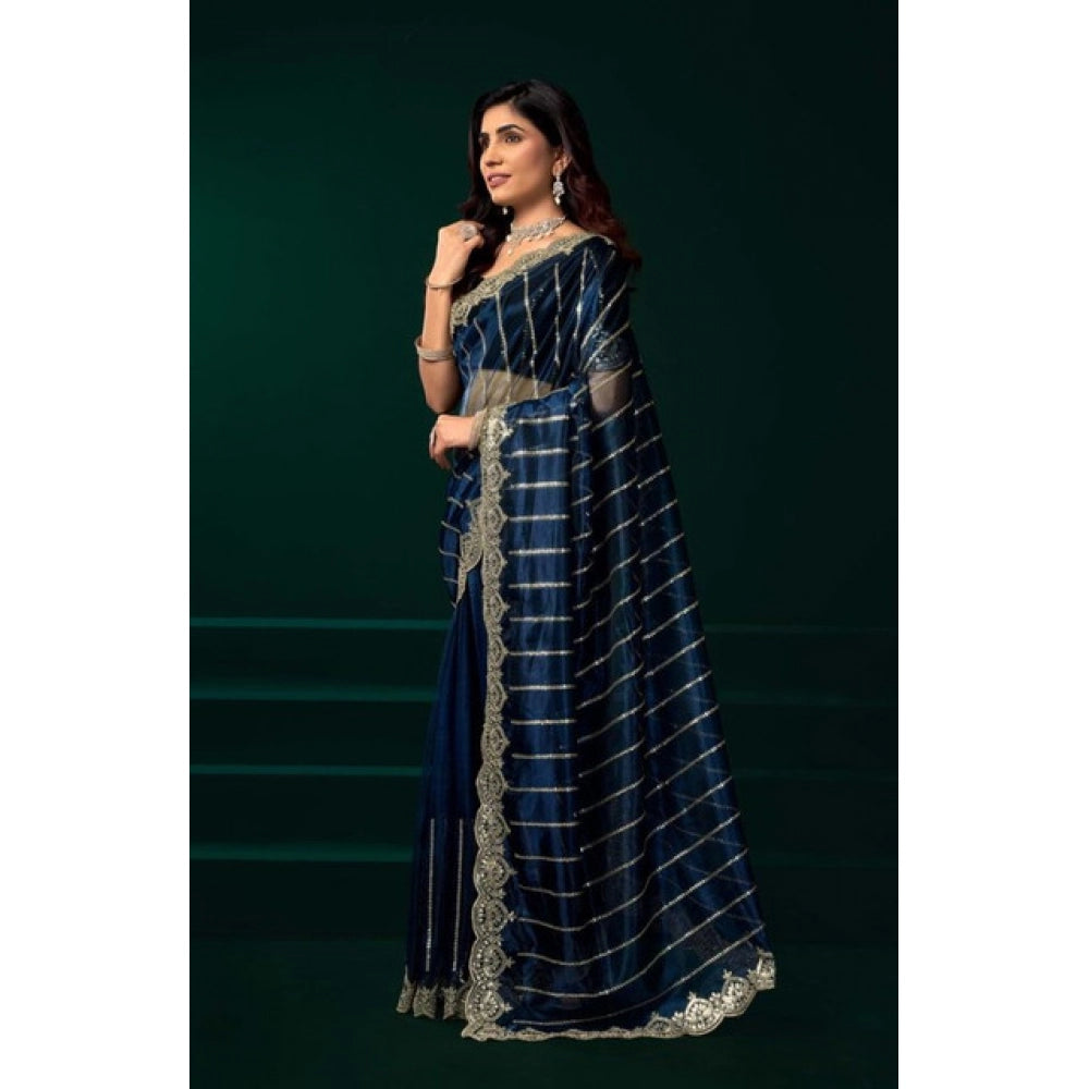 Generic Women's Net Sequence Saree With Unstitched Blouse 5.5Mtr (Blue)