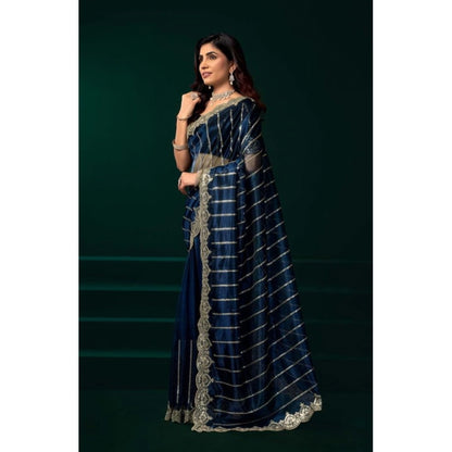 Generic Women's Net Sequence Saree With Unstitched Blouse 5.5Mtr (Blue)