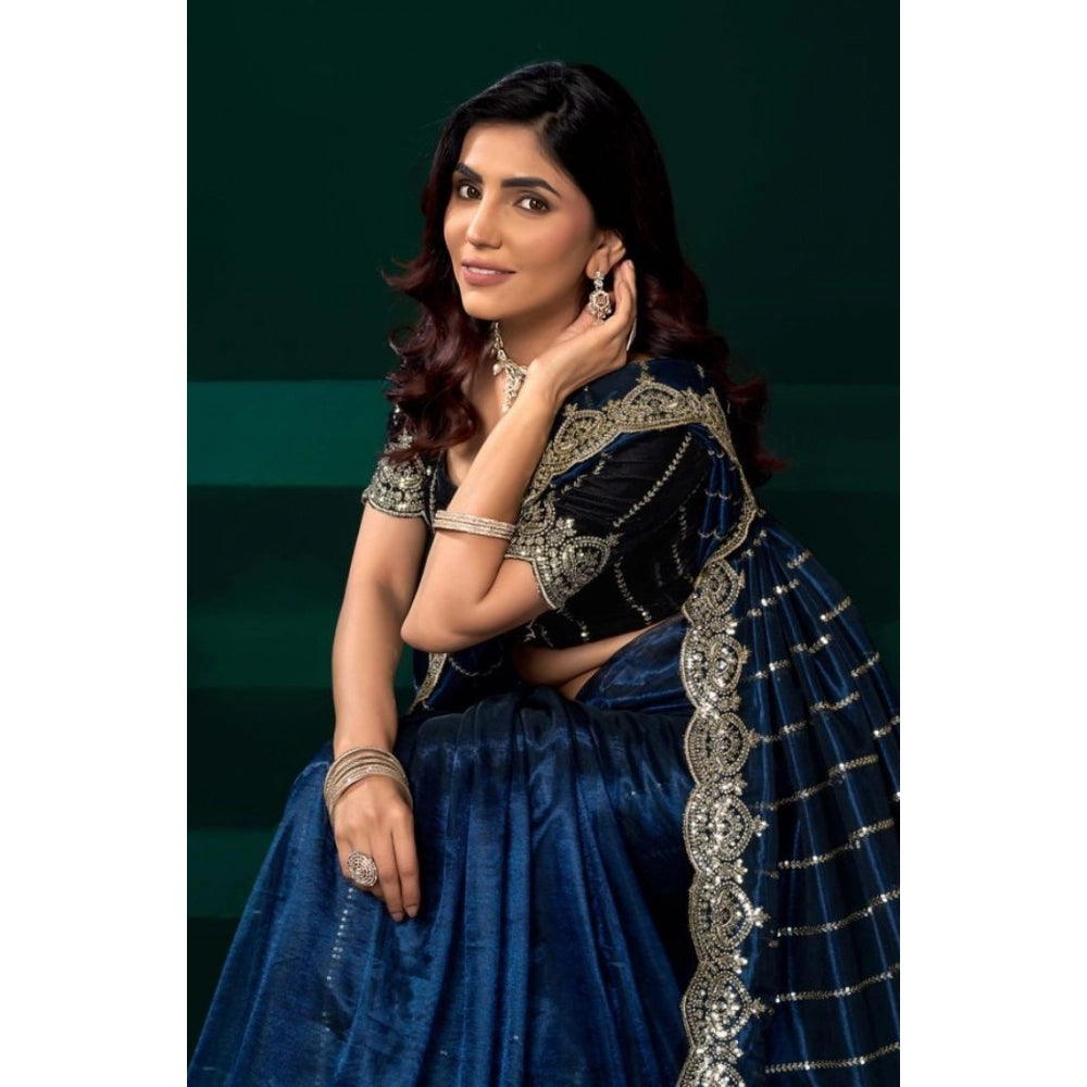 Generic Women's Net Sequence Saree With Unstitched Blouse 5.5Mtr (Blue)