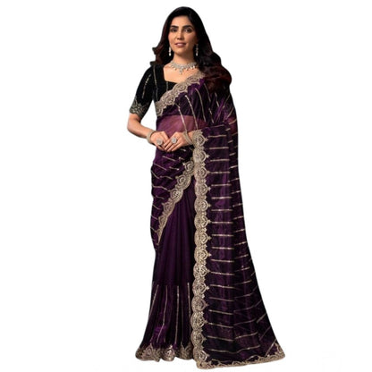 Generic Women's Net Sequence Saree With Unstitched Blouse 5.5Mtr (Wine)