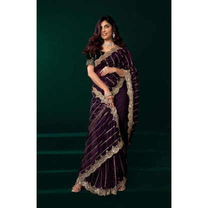 Generic Women's Net Sequence Saree With Unstitched Blouse 5.5Mtr (Wine)