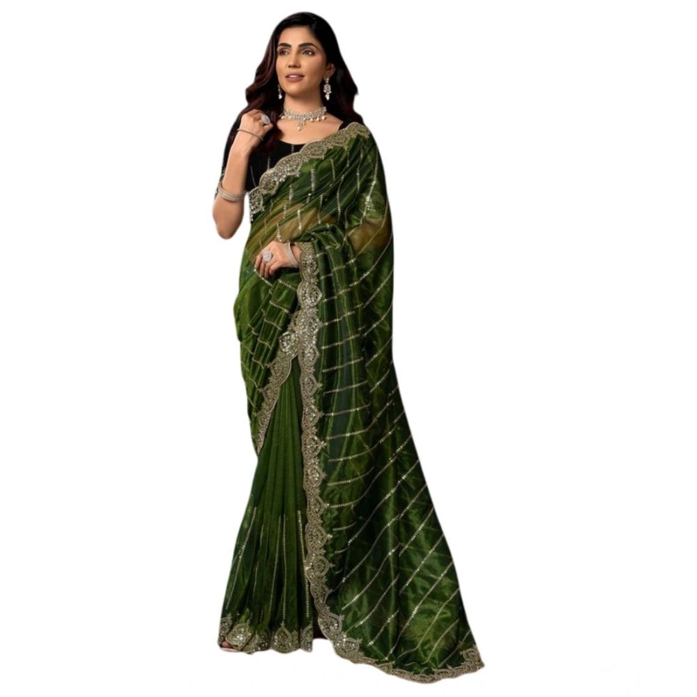 Generic Women's Net Sequence Saree With Unstitched Blouse 5.5Mtr (Green)