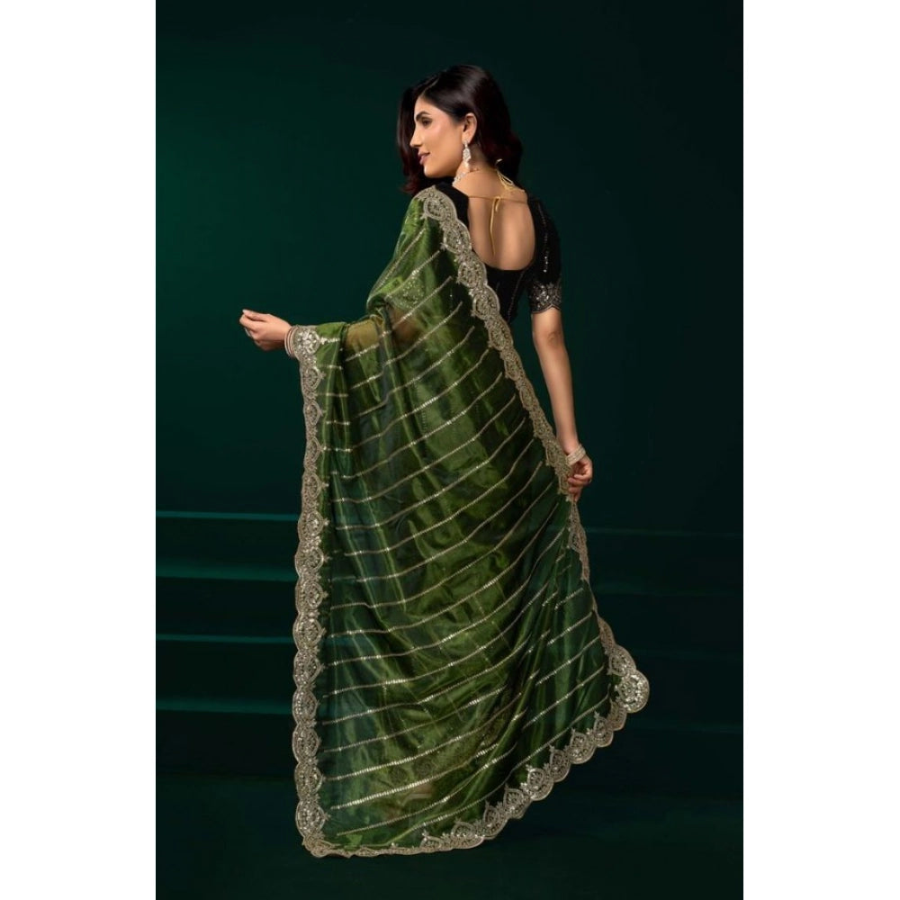 Generic Women's Net Sequence Saree With Unstitched Blouse 5.5Mtr (Green)