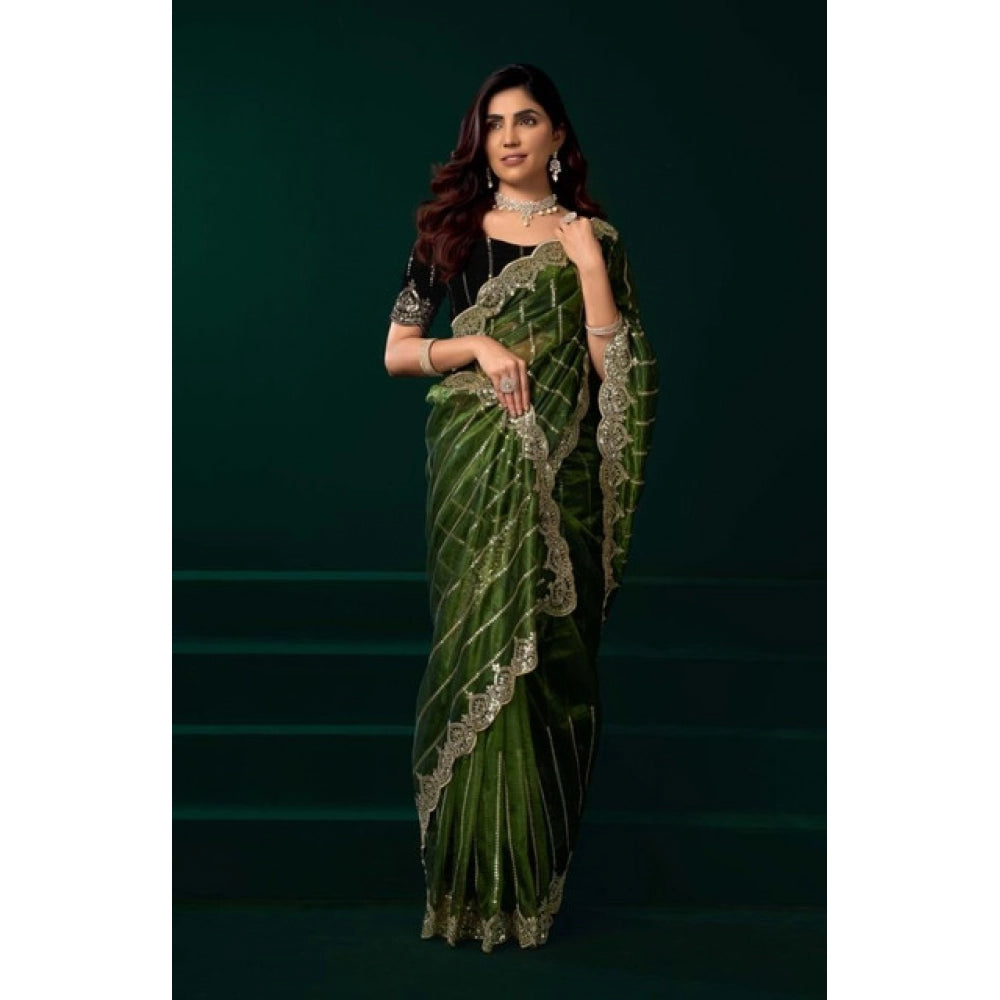 Generic Women's Net Sequence Saree With Unstitched Blouse 5.5Mtr (Green)