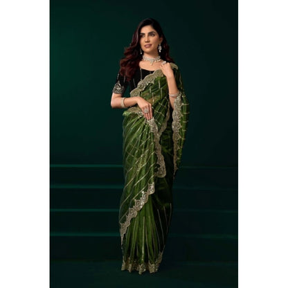 Generic Women's Net Sequence Saree With Unstitched Blouse 5.5Mtr (Green)