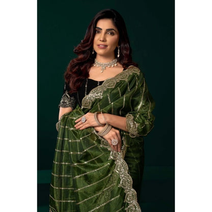 Generic Women's Net Sequence Saree With Unstitched Blouse 5.5Mtr (Green)