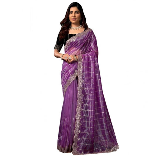 Generic Women's Net Sequence Saree With Unstitched Blouse 5.5Mtr (Lavender)