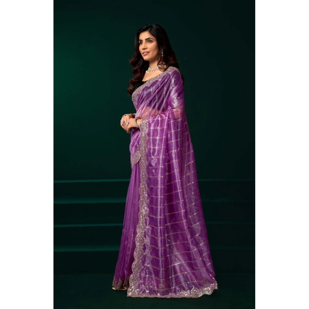 Generic Women's Net Sequence Saree With Unstitched Blouse 5.5Mtr (Lavender)