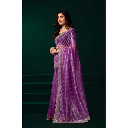Generic Women's Net Sequence Saree With Unstitched Blouse 5.5Mtr (Lavender)