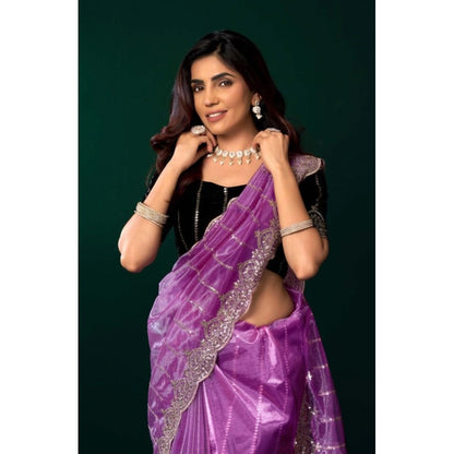 Generic Women's Net Sequence Saree With Unstitched Blouse 5.5Mtr (Lavender)