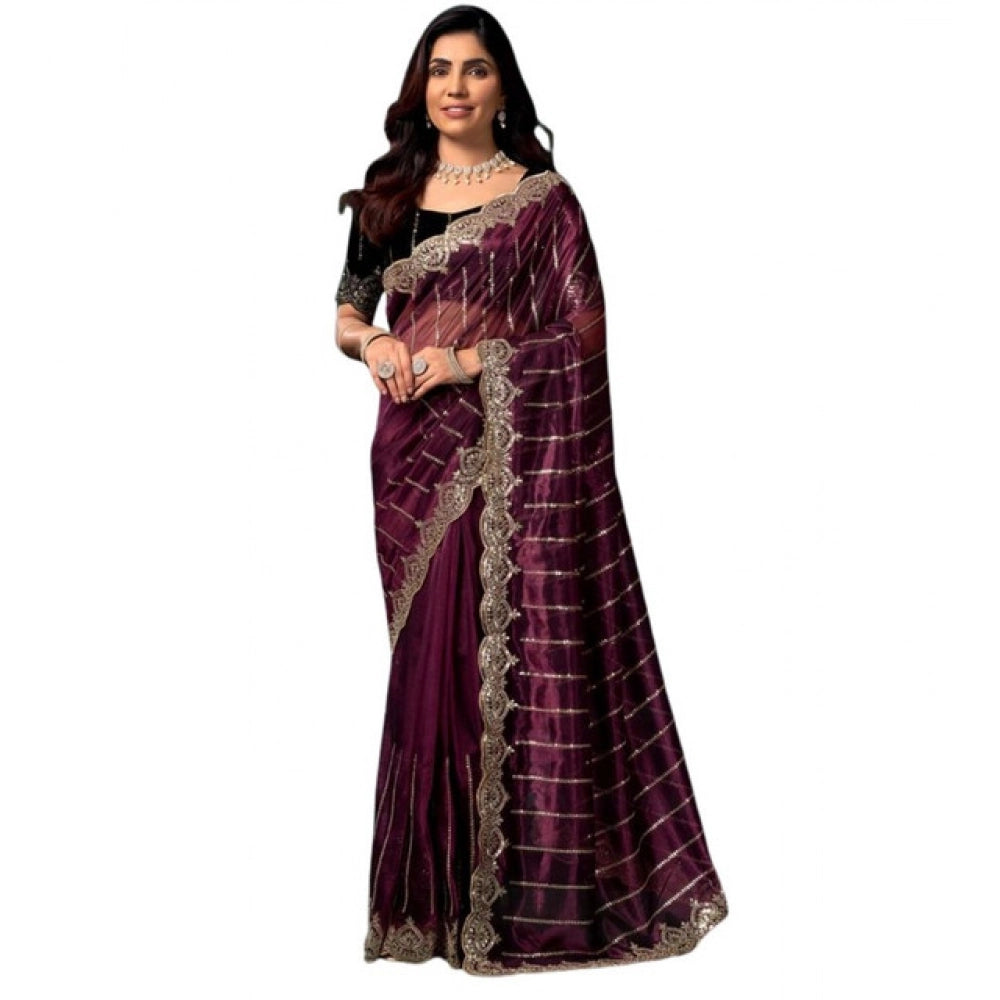 Generic Women's Net Sequence Saree With Unstitched Blouse 5.5Mtr (Maroon)