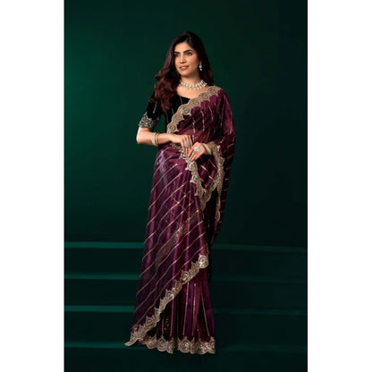Generic Women's Net Sequence Saree With Unstitched Blouse 5.5Mtr (Maroon)